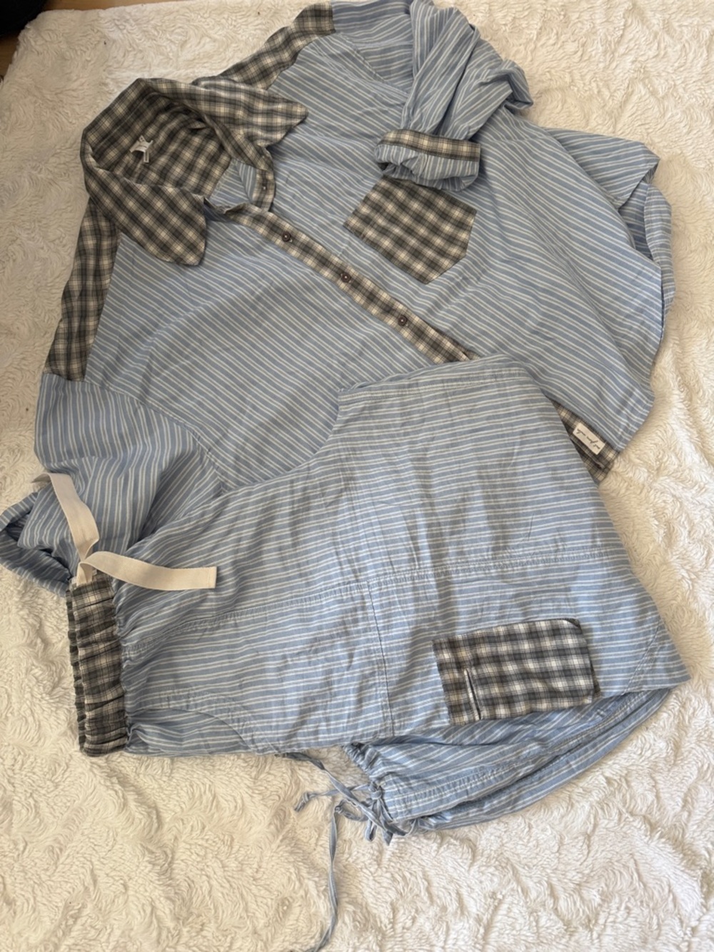 Urban Outfitters Light Blue Striped Track Pants with Gray Plaid Trim